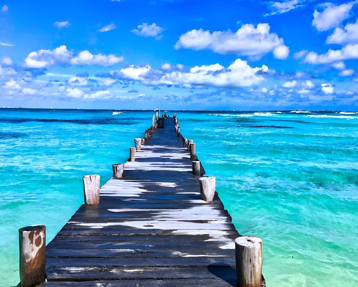 Long wooden pier over turquoise sea cross stitch kit for beginners