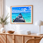 Long wooden pier over turquoise sea cross stitch artwork displayed on wall as home decor
