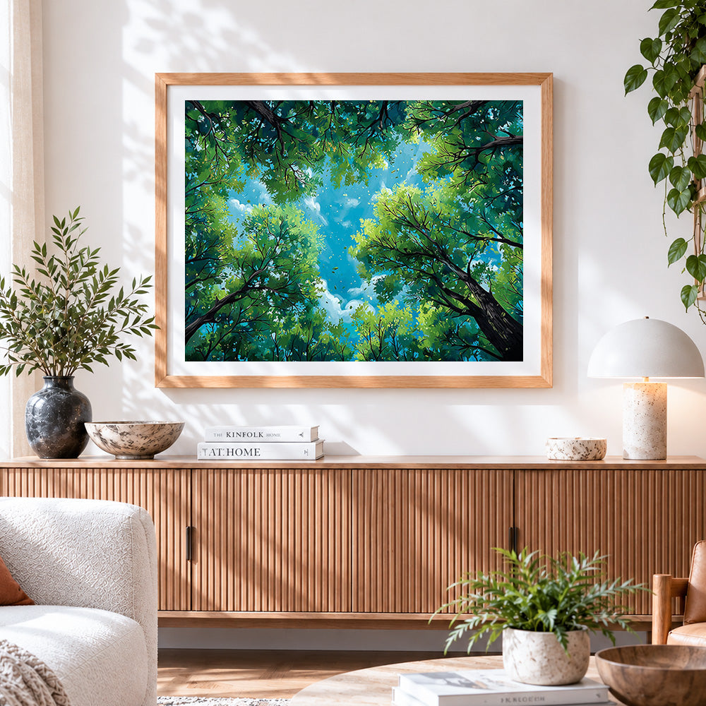 Finished looking up at forest canopy cross stitch artwork displayed