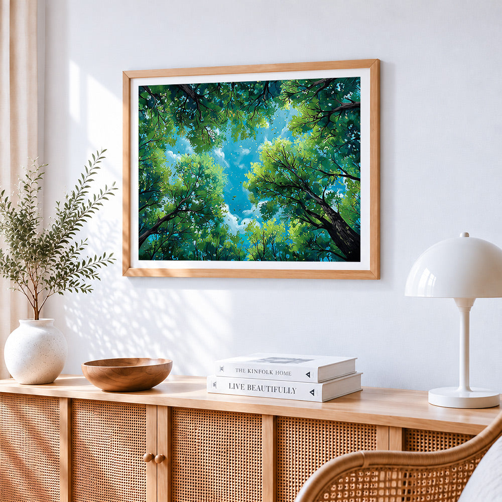 Looking up at forest canopy cross stitch artwork displayed on wall as home decor