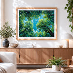 Finished looking up at forest canopy paint by numbers artwork displayed as home decor
