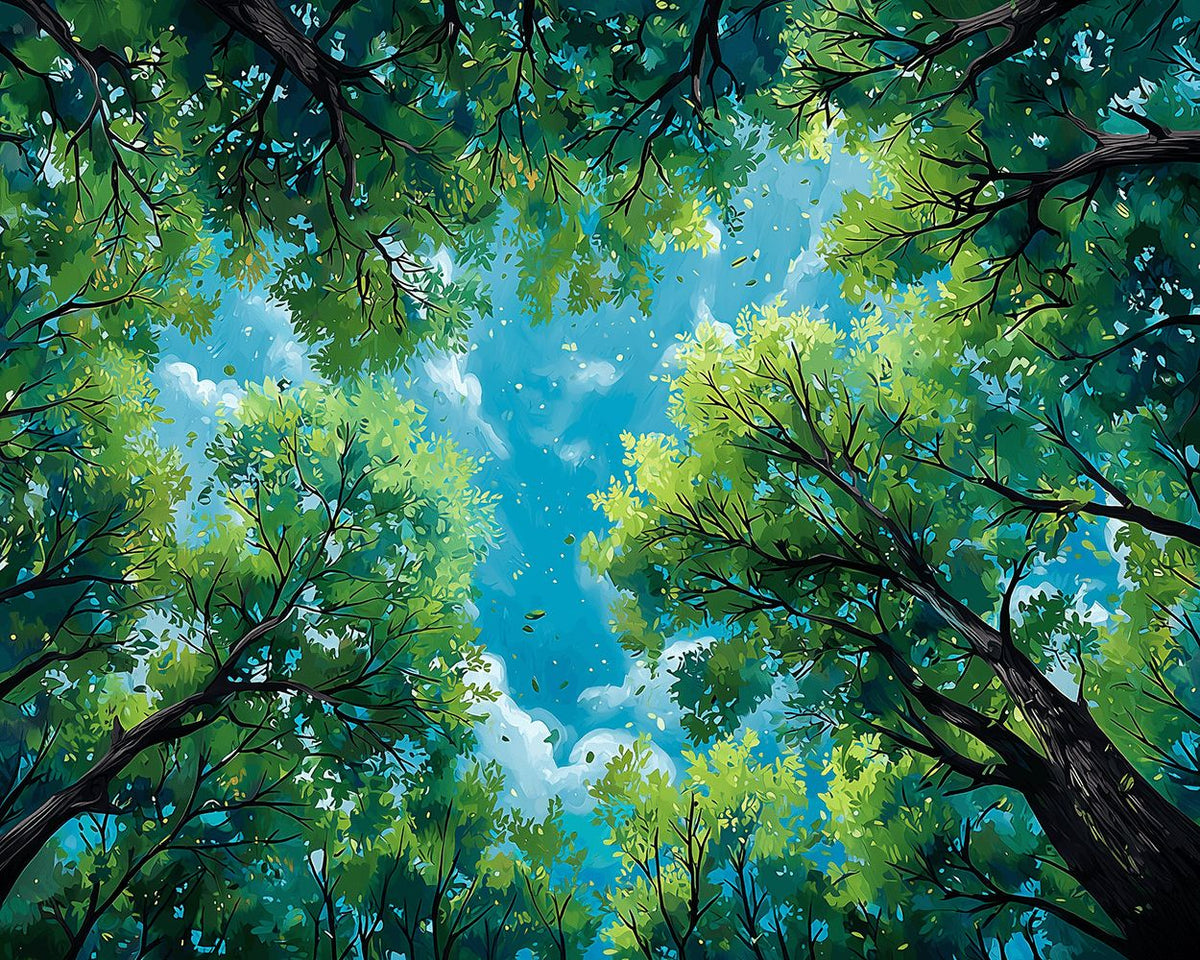Looking up at forest canopy paint by numbers kit for beginners