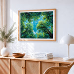 Looking up at forest canopy paint by numbers artwork displayed on wall as home decor