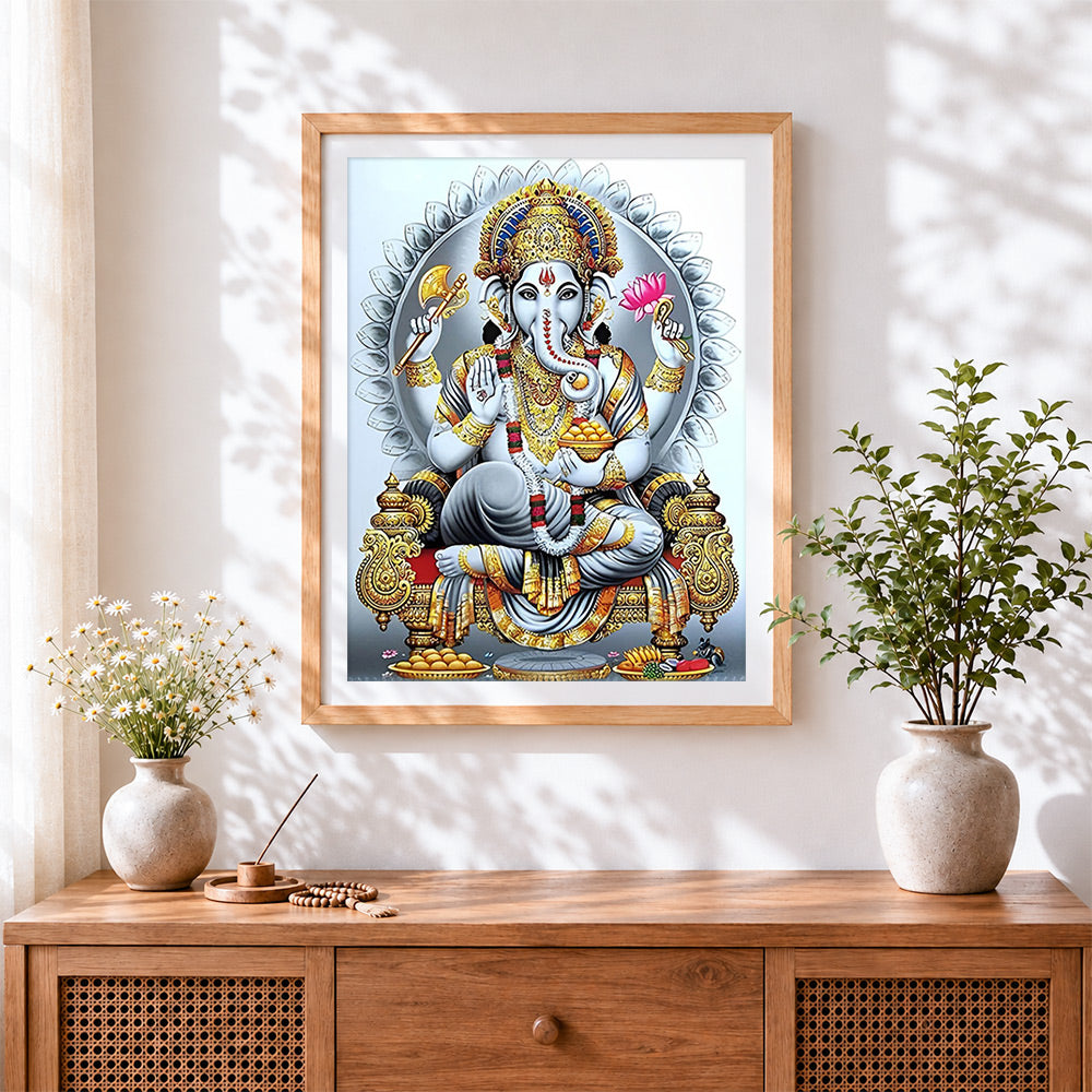 Finished lord ganesha cross stitch artwork displayed