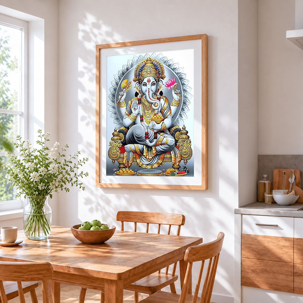 Lord ganesha cross stitch artwork displayed on wall as home decor