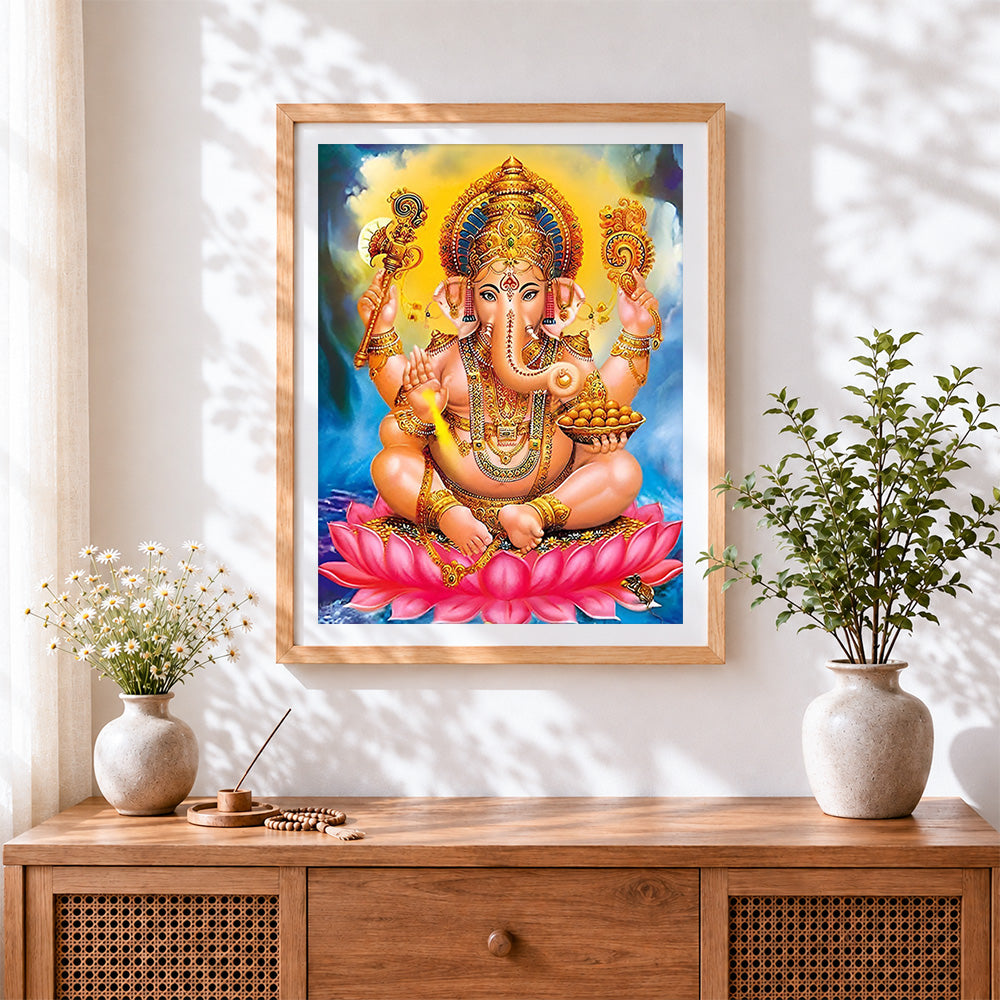 Finished lord ganesha on a pink lotus paint by numbers artwork displayed as home decor