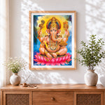 Finished lord ganesha on a pink lotus paint by numbers artwork displayed as home decor