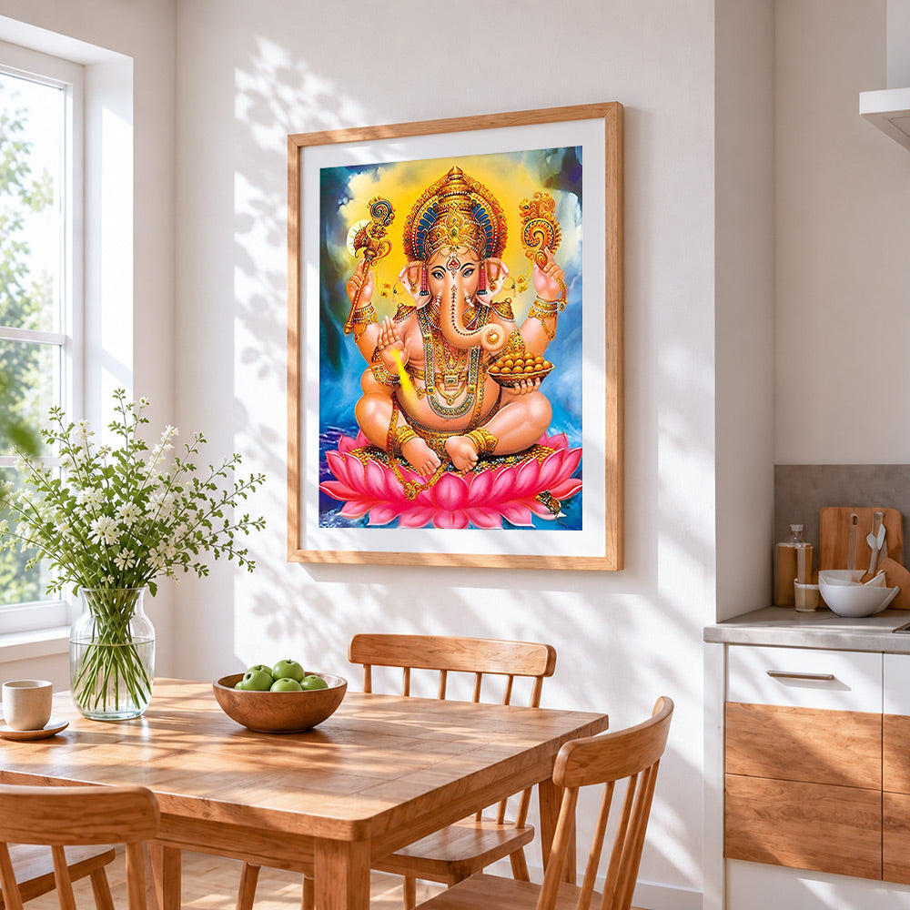 Lord ganesha on a pink lotus paint by numbers artwork displayed on wall as home decor