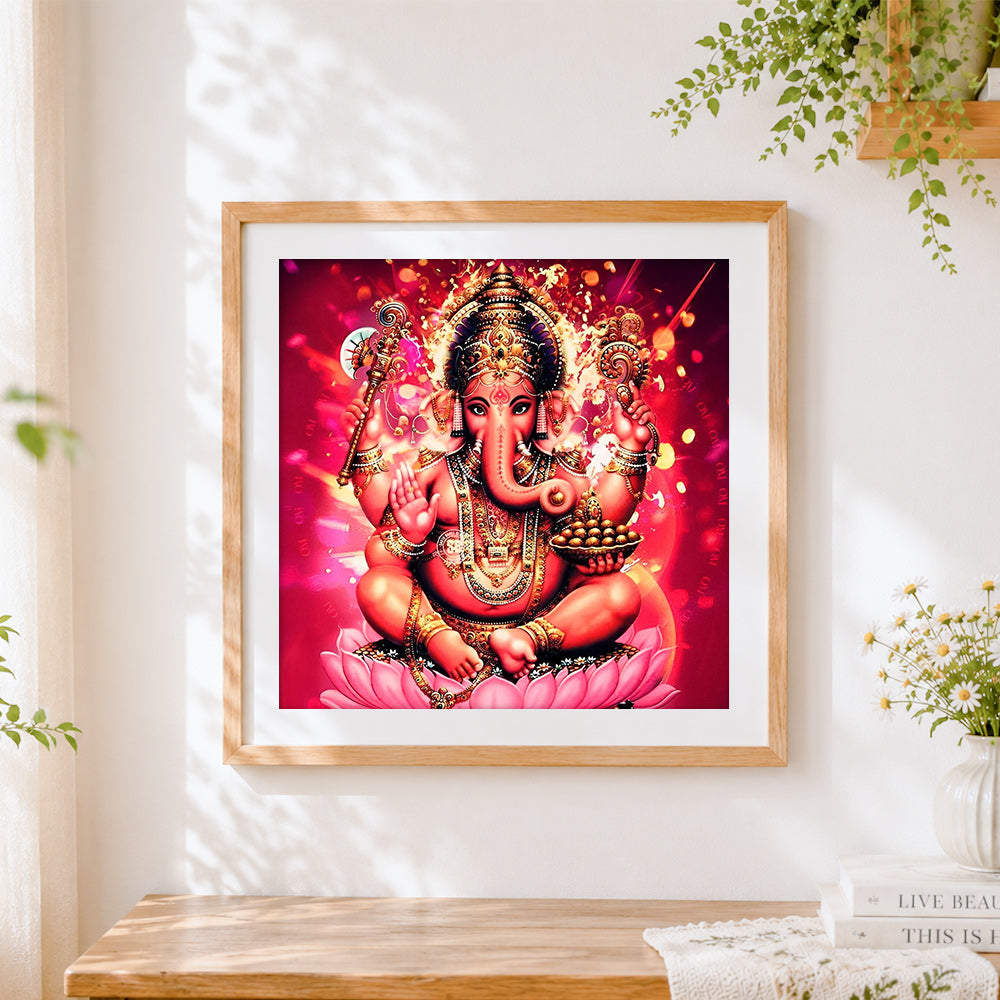 Finished lord ganesha on lotus paint by numbers artwork displayed as home decor