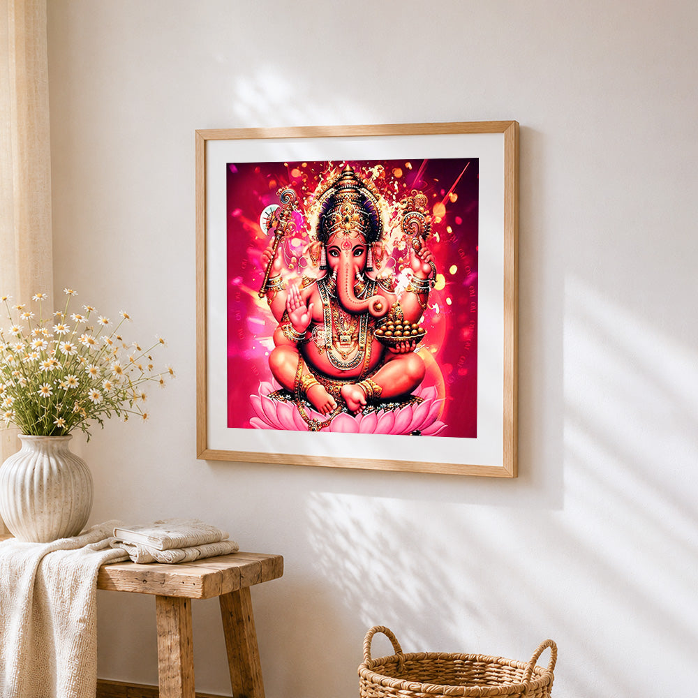 Lord ganesha on lotus paint by numbers artwork displayed on wall as home decor