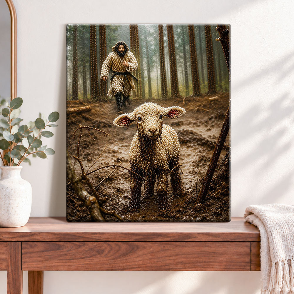 Finished lost lamb in forest pearl diamond painting artwork displayed as home decor
