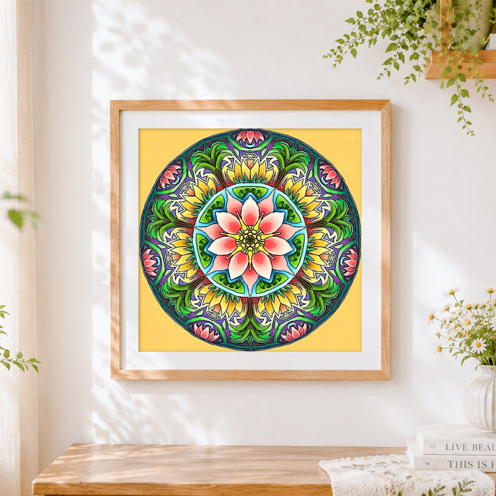 Finished lotus flower and green leaves mandala cross stitch artwork displayed