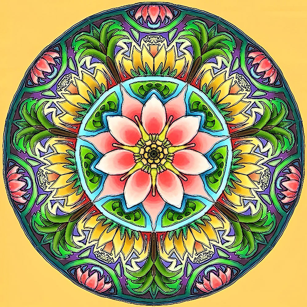 Lotus flower and green leaves mandala cross stitch kit for beginners