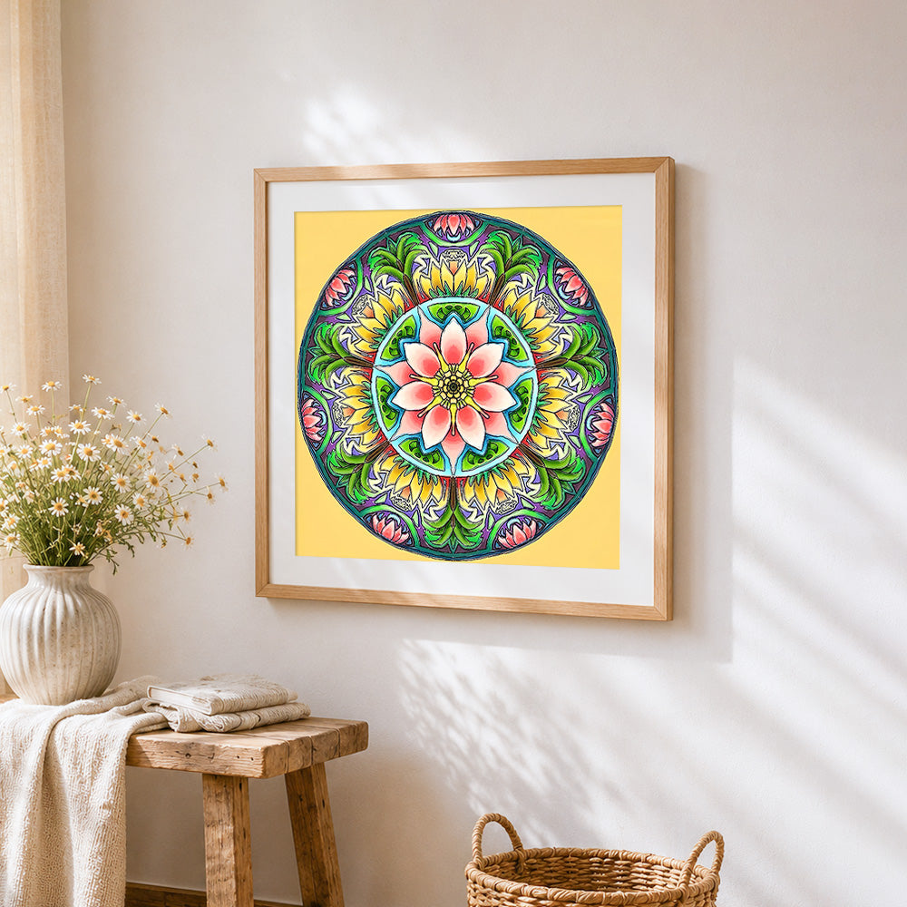 Lotus flower and green leaves mandala cross stitch artwork displayed on wall as home decor