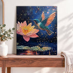 Finished lotus hummingbird pearl diamond painting artwork displayed as home decor