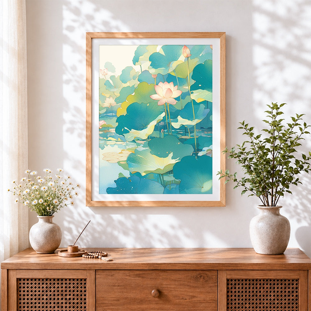 Finished lotus pond with pink flowers cross stitch artwork displayed