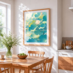 Lotus pond with pink flowers cross stitch artwork displayed on wall as home decor