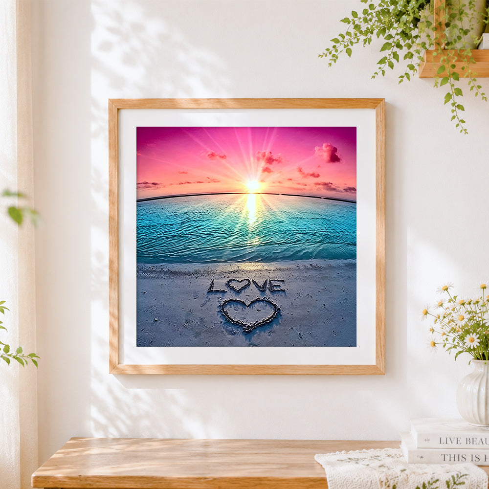 Finished "love" written in sand with heart paint by numbers artwork displayed as home decor