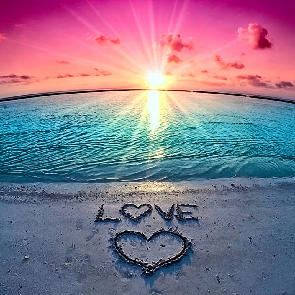 "Love" written in sand with heart paint by numbers kit for beginners