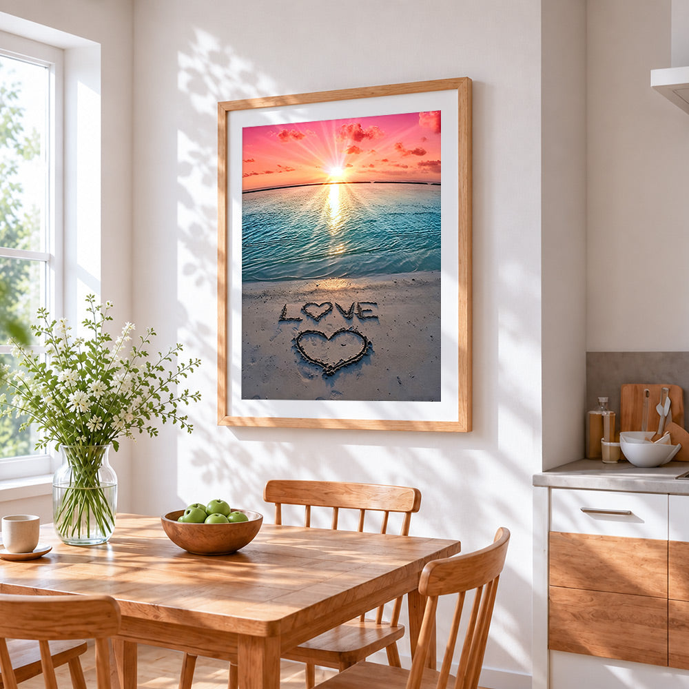 Love written in the sand cross stitch artwork displayed on wall as home decor