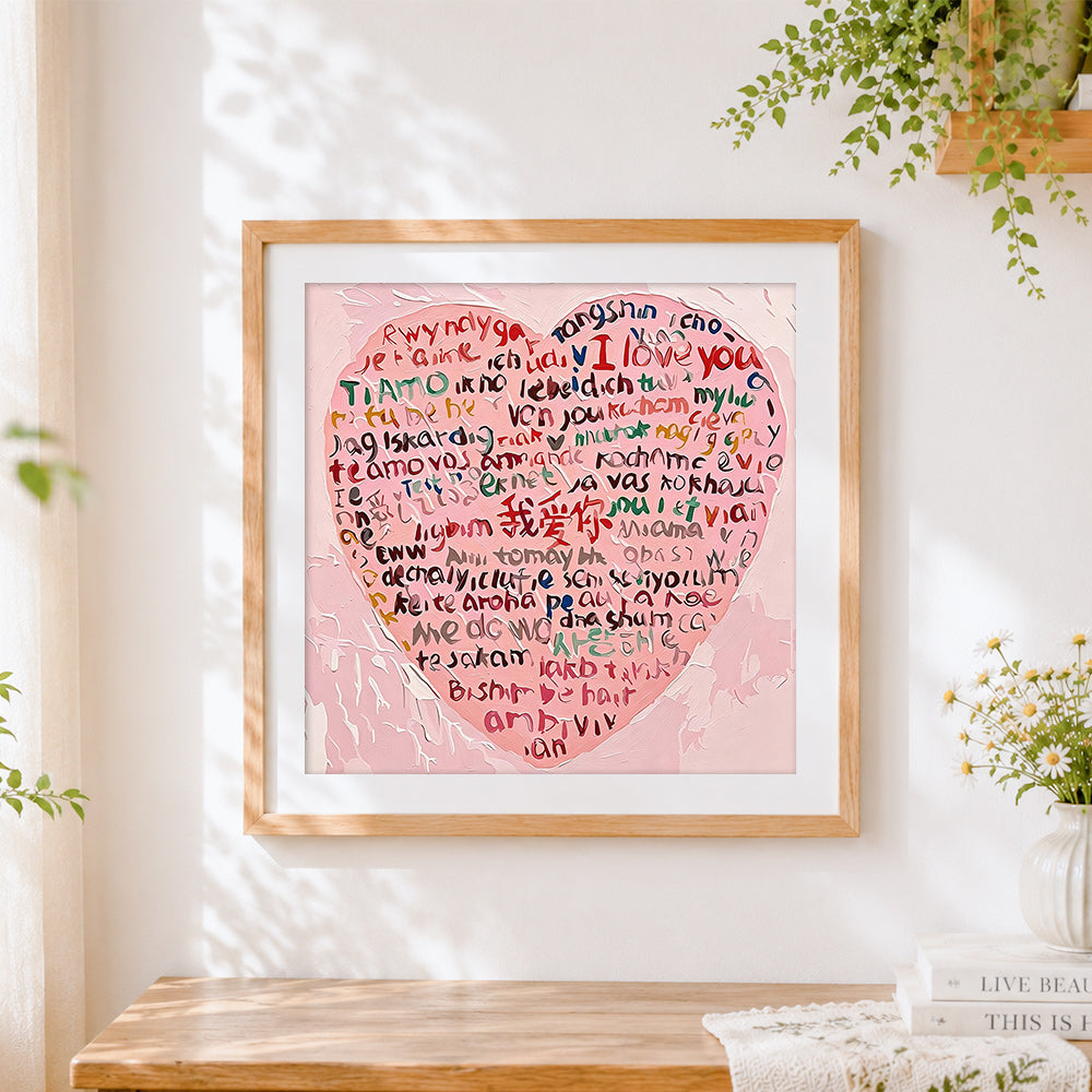 Finished "love you" in multiple languages heart paint by numbers artwork displayed as home decor