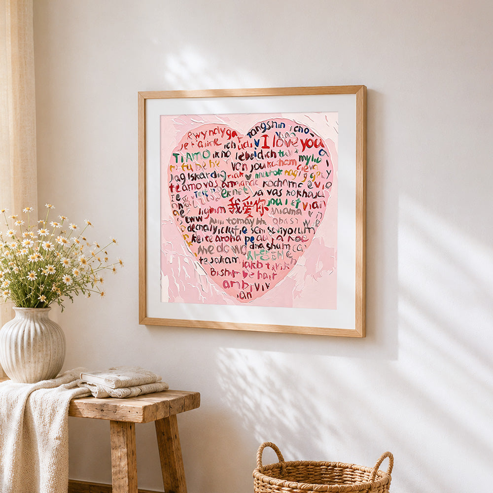 "Love you" in multiple languages heart paint by numbers artwork displayed on wall as home decor