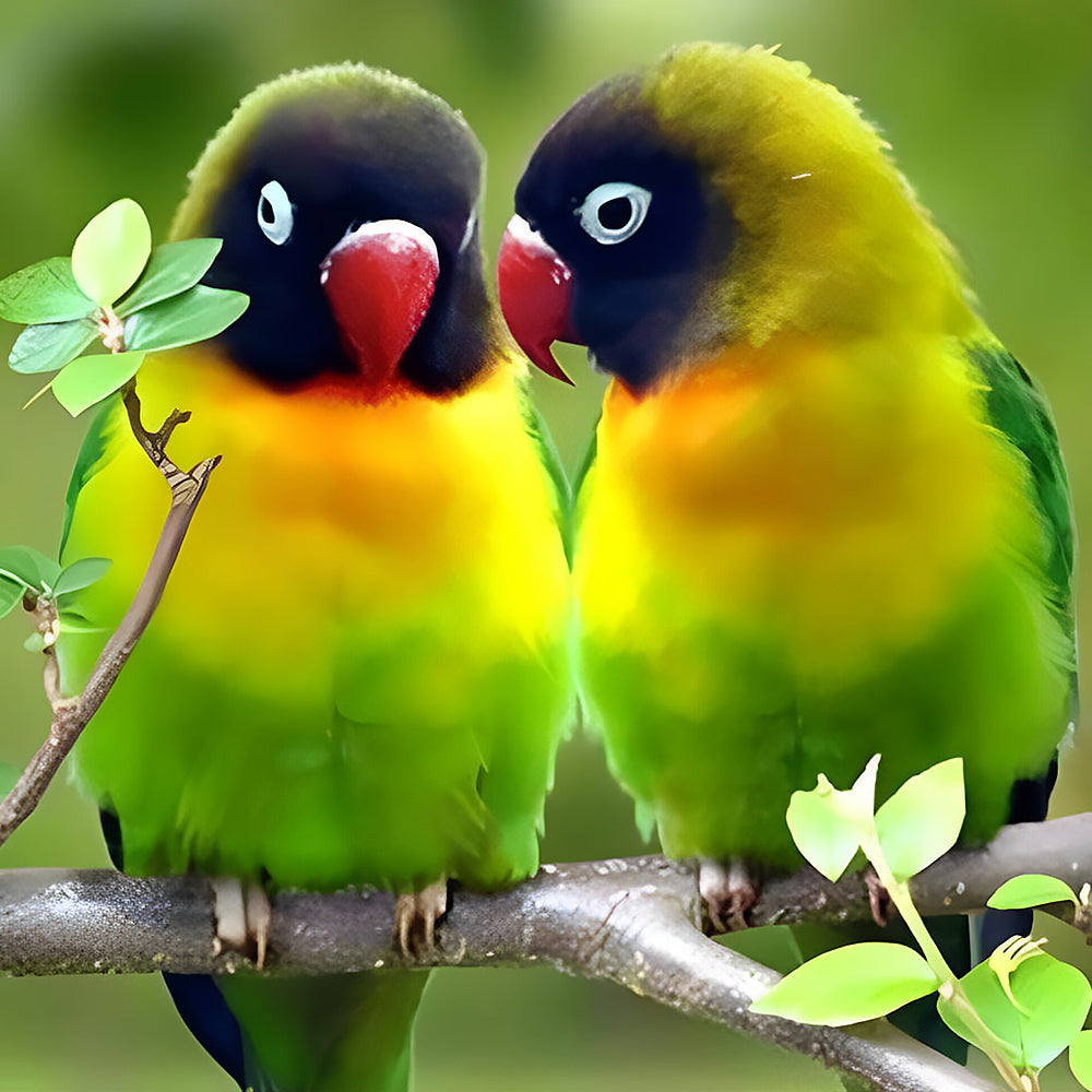 Lovebird parrots on branch cross stitch kit for beginners
