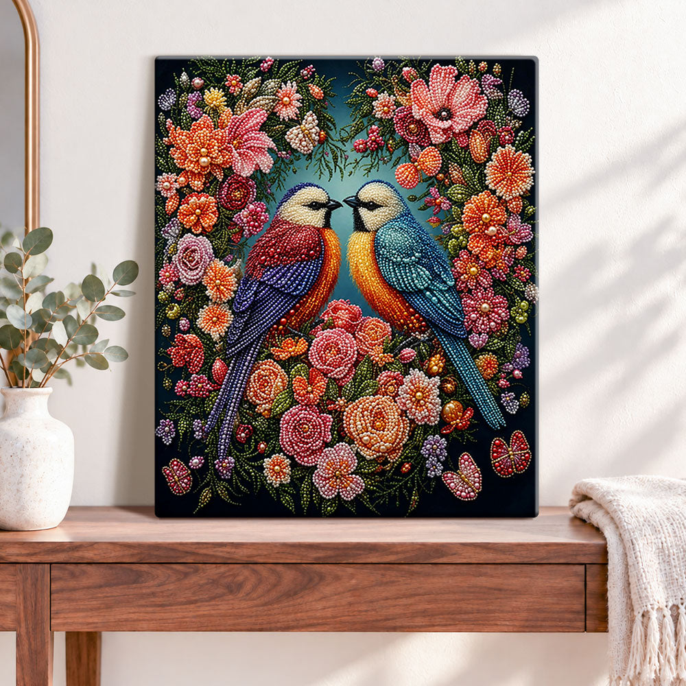 Finished loving beaded birds pearl diamond painting artwork displayed as home decor