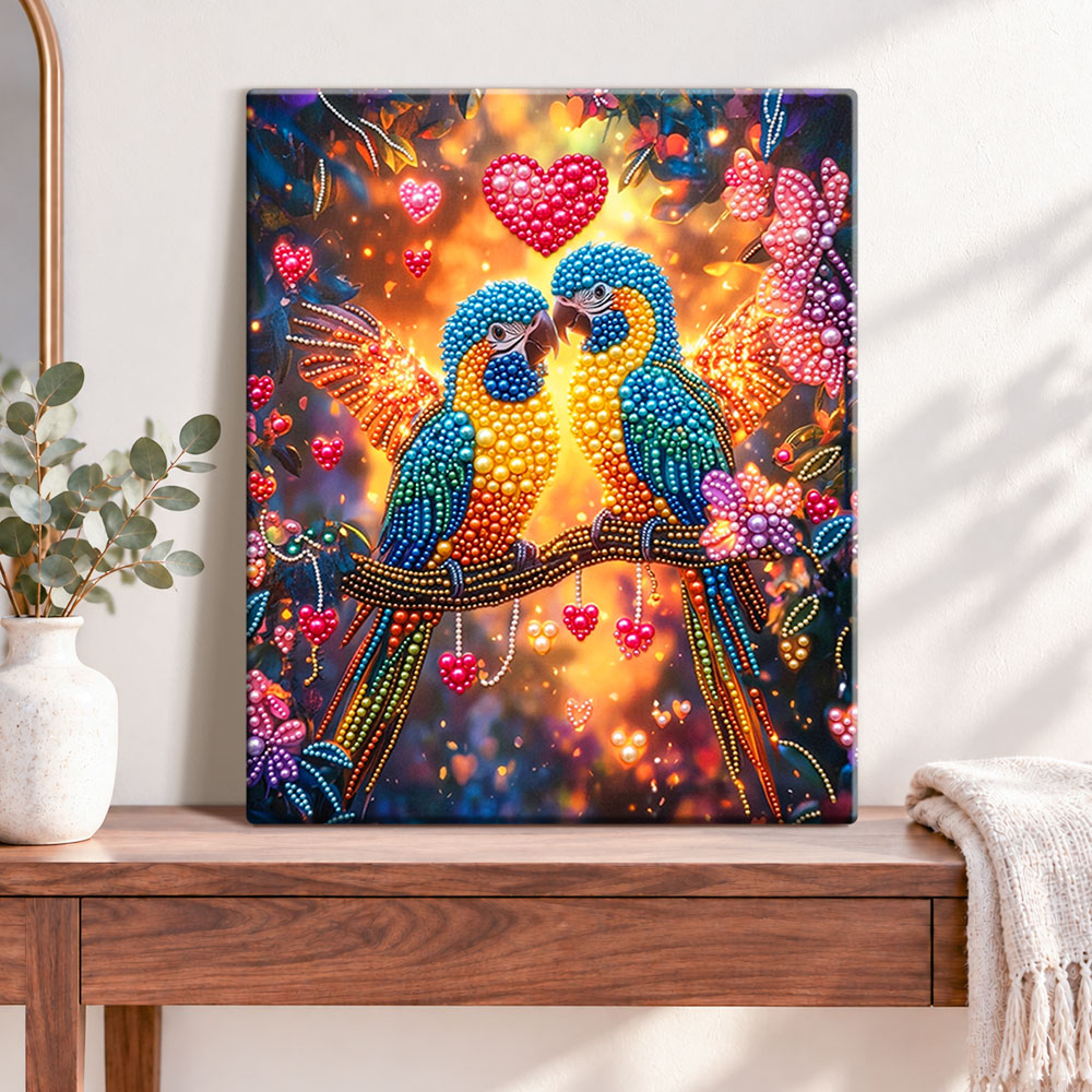 Finished loving jeweled parrots pearl diamond painting artwork displayed as home decor