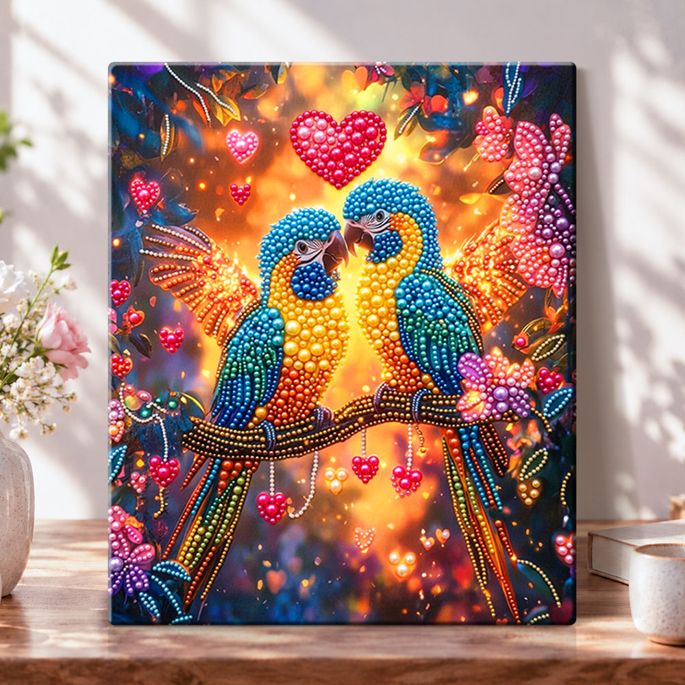 Loving jeweled parrots pearl diamond painting kit for beginners
