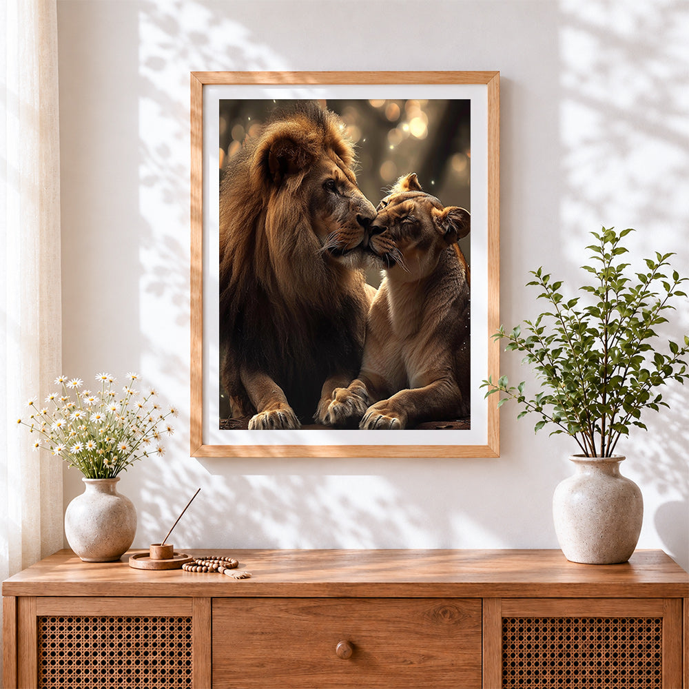 Finished loving lions in the golden light cross stitch artwork displayed