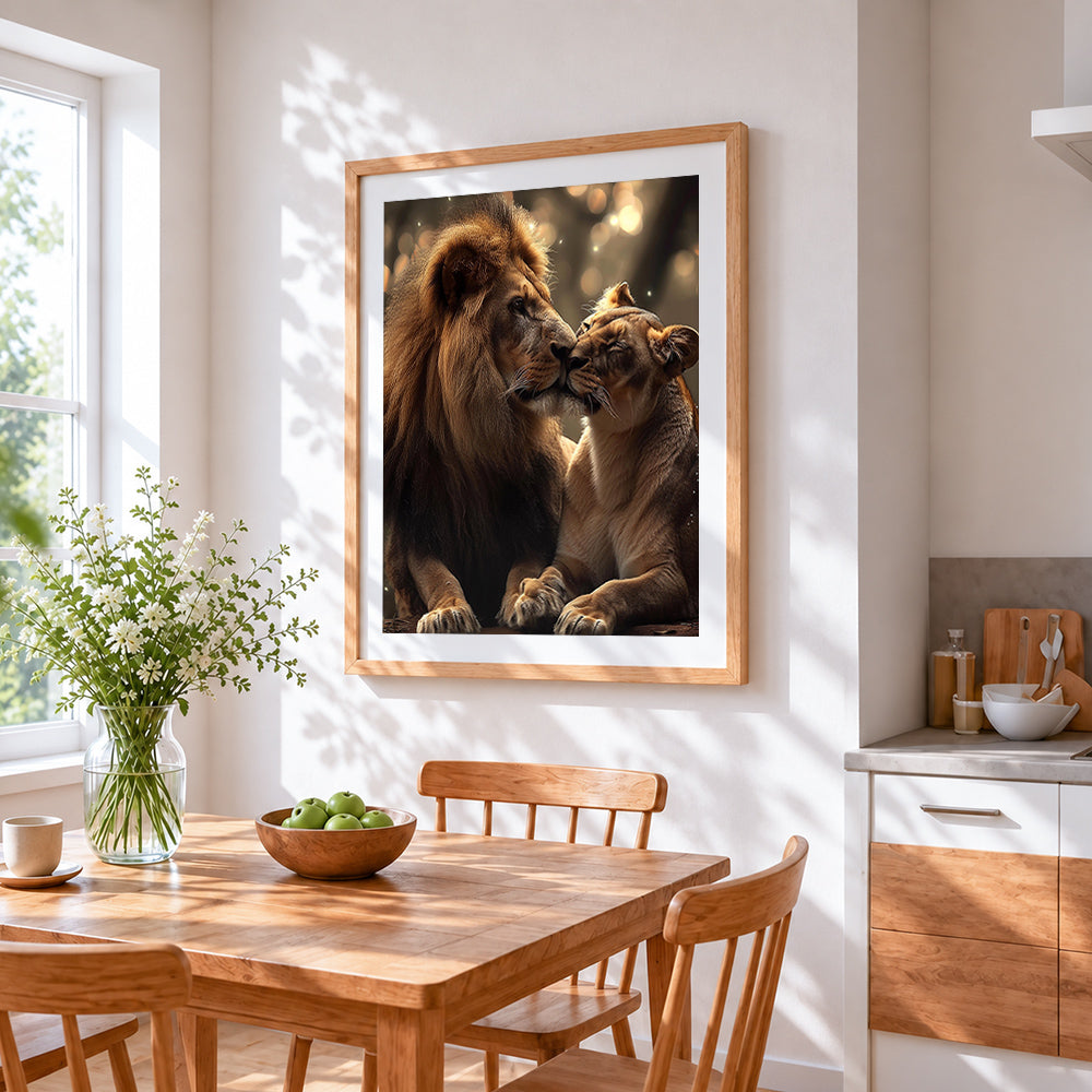 Loving lions in the golden light cross stitch artwork displayed on wall as home decor