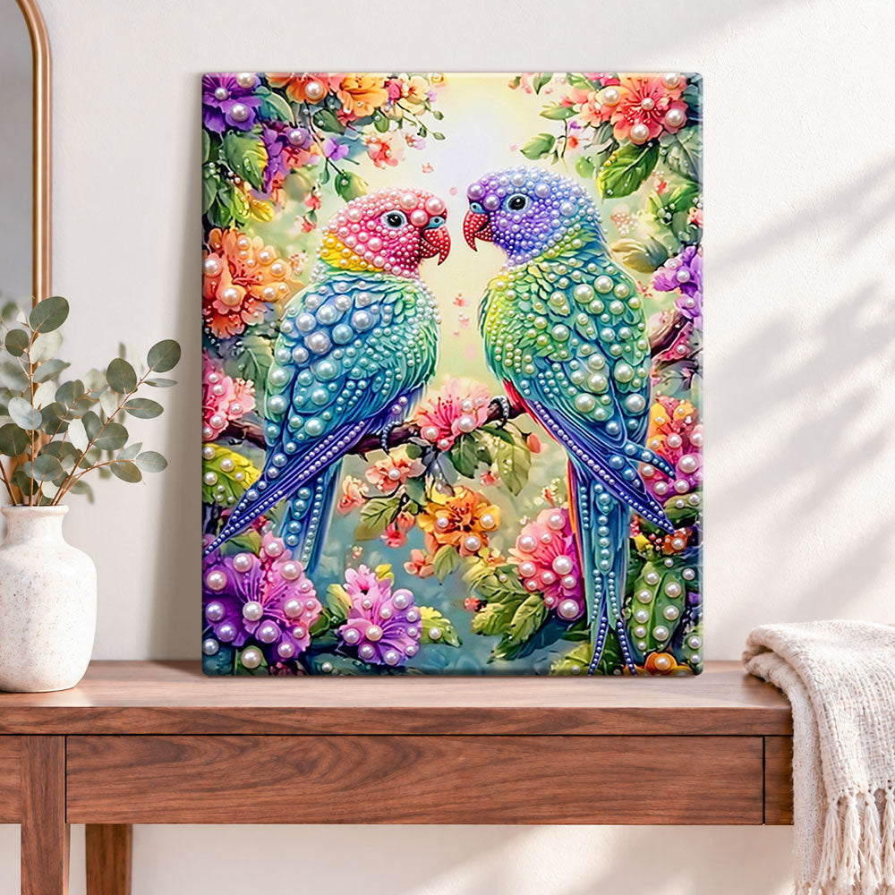 Finished loving parrot pair pearl diamond painting artwork displayed as home decor
