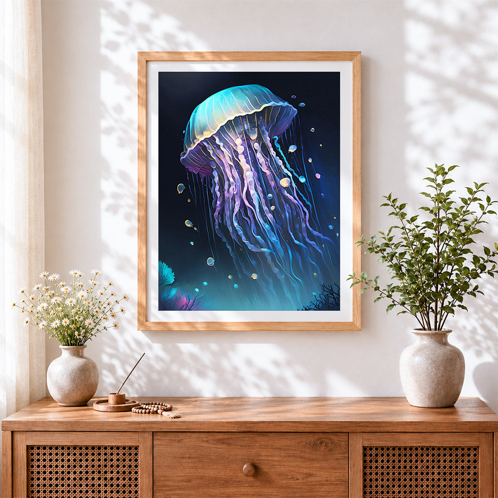 Finished luminous blue jellyfish in deep ocean cross stitch artwork displayed