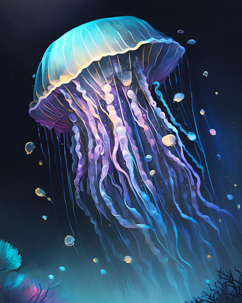 Luminous blue jellyfish in deep ocean cross stitch kit for beginners
