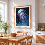 Luminous blue jellyfish in deep ocean cross stitch artwork displayed on wall as home decor