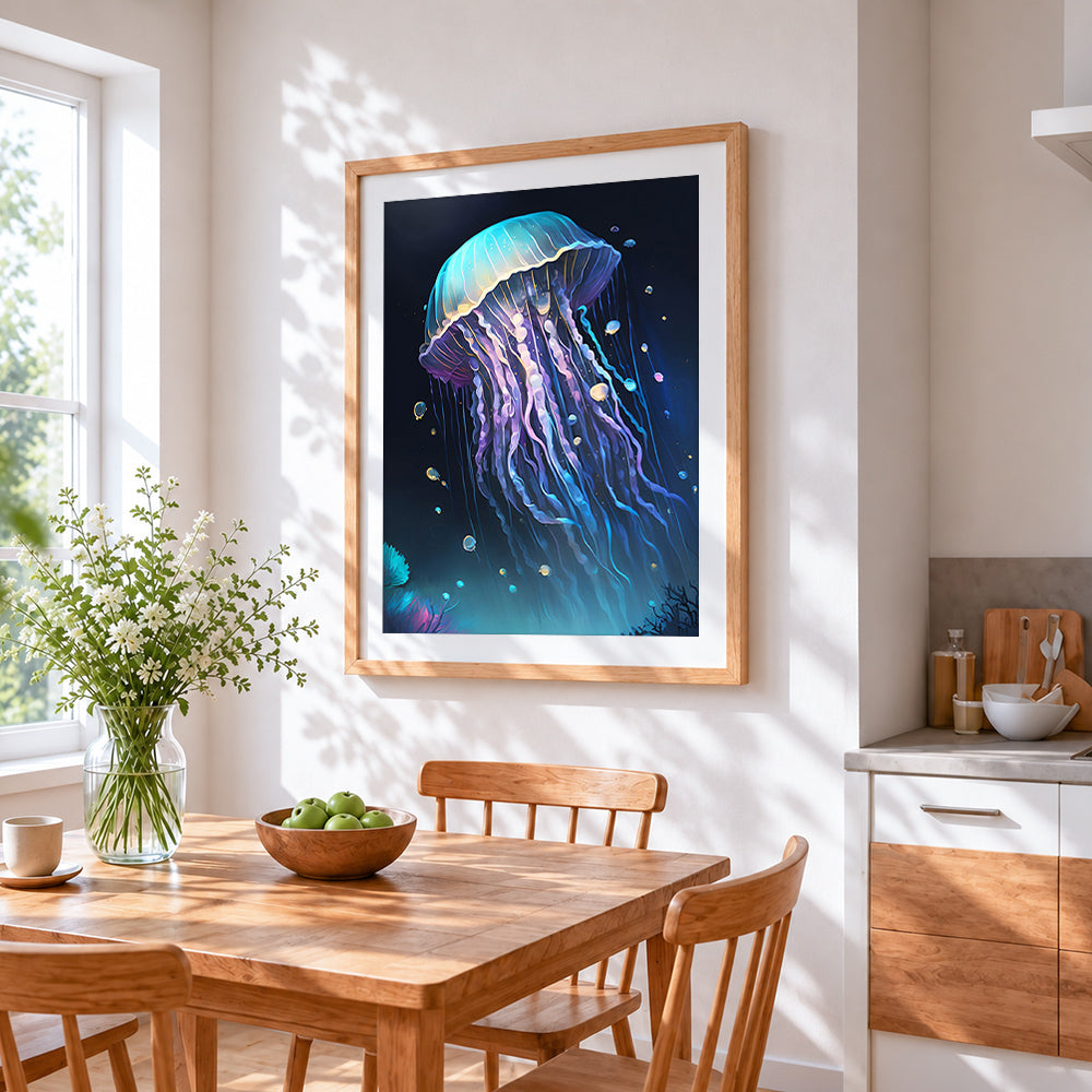 Luminous blue jellyfish in deep ocean cross stitch artwork displayed on wall as home decor