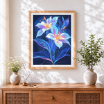 Finished luminous lilies cross stitch artwork displayed