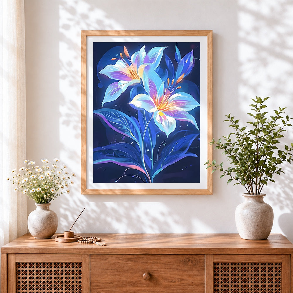 Finished luminous lilies cross stitch artwork displayed