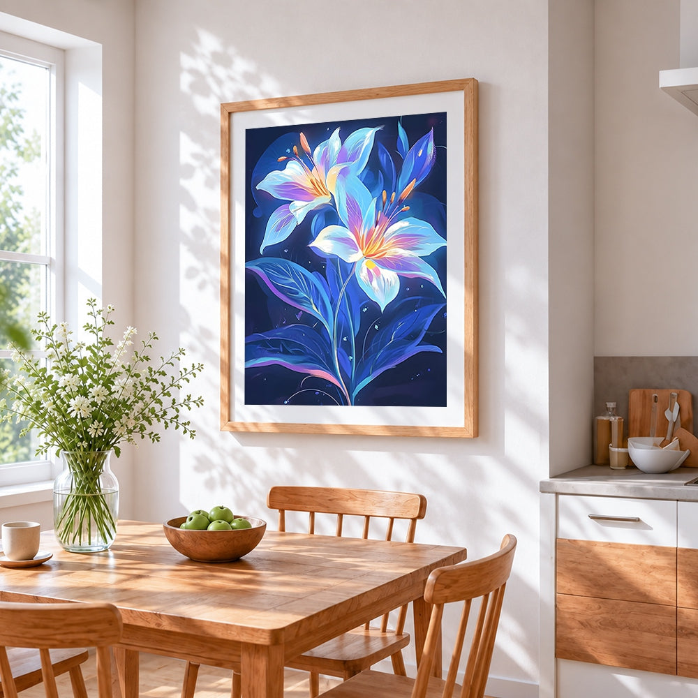 luminous lilies cross stitch artwork displayed on wall as home decor