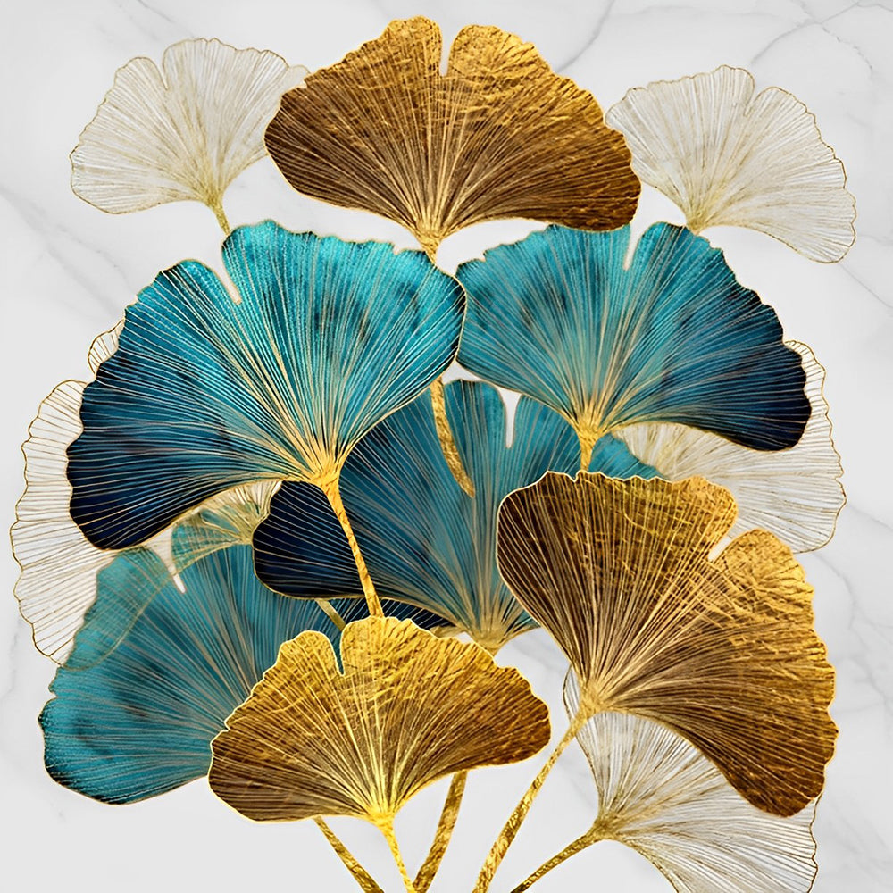 Luxurious gold and teal ginkgo leaves cross stitch kit for beginners