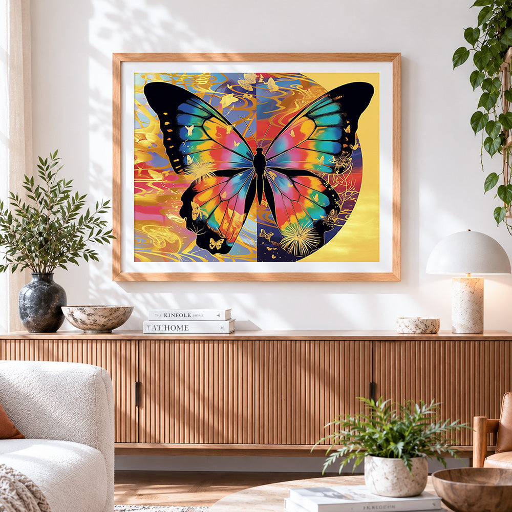 Finished luxurious gold leaf and butterfly cross stitch artwork displayed