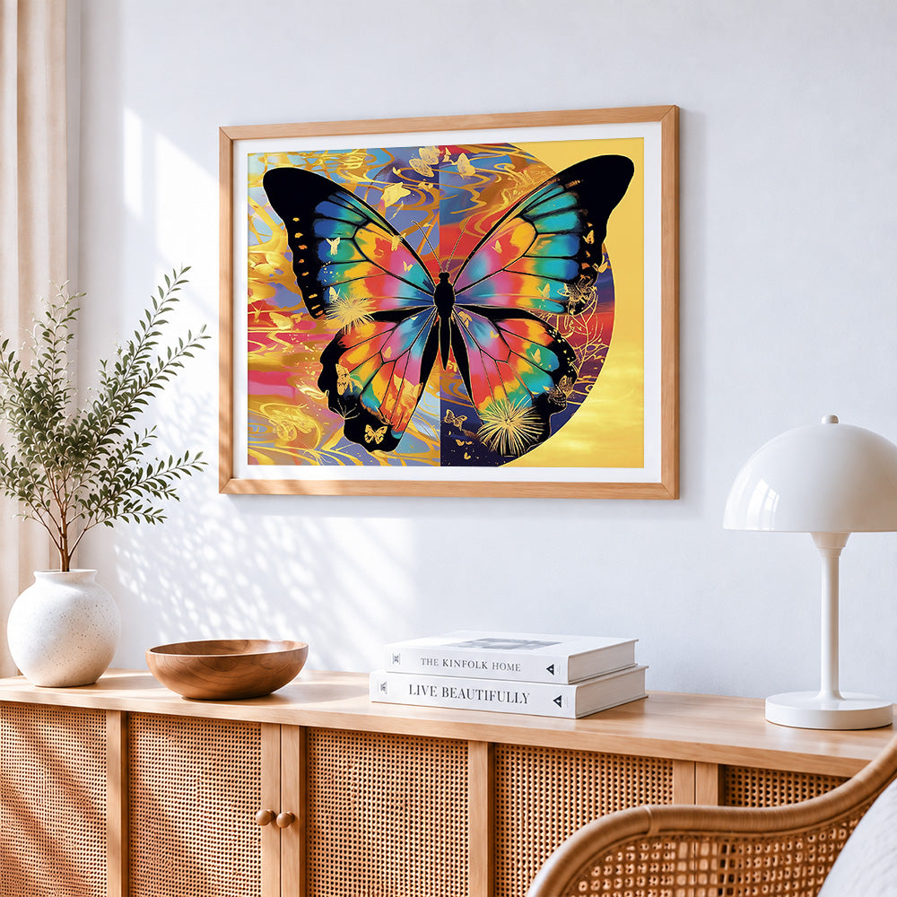 Luxurious gold leaf and butterfly cross stitch artwork displayed on wall as home decor