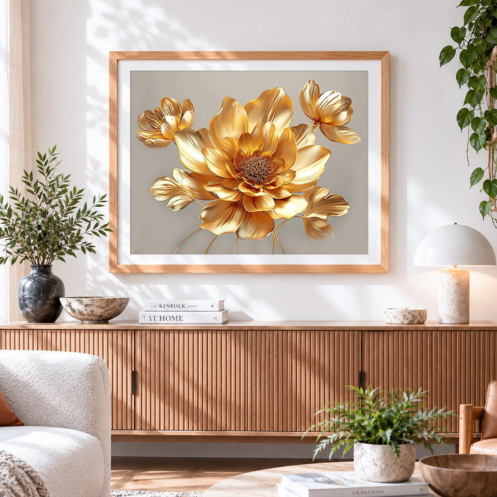 Finished luxurious metallic gold lotus paint by numbers artwork displayed as home decor