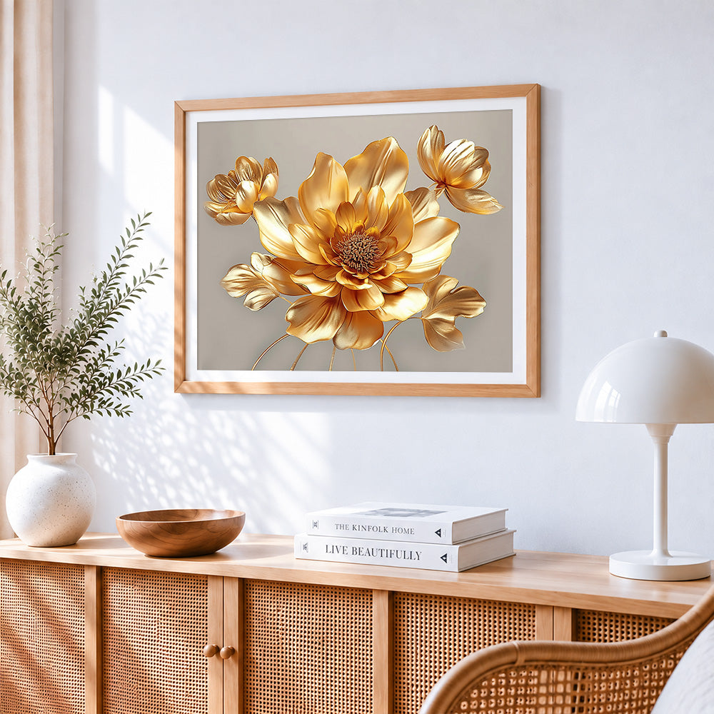 Luxurious metallic gold lotus paint by numbers artwork displayed on wall as home decor