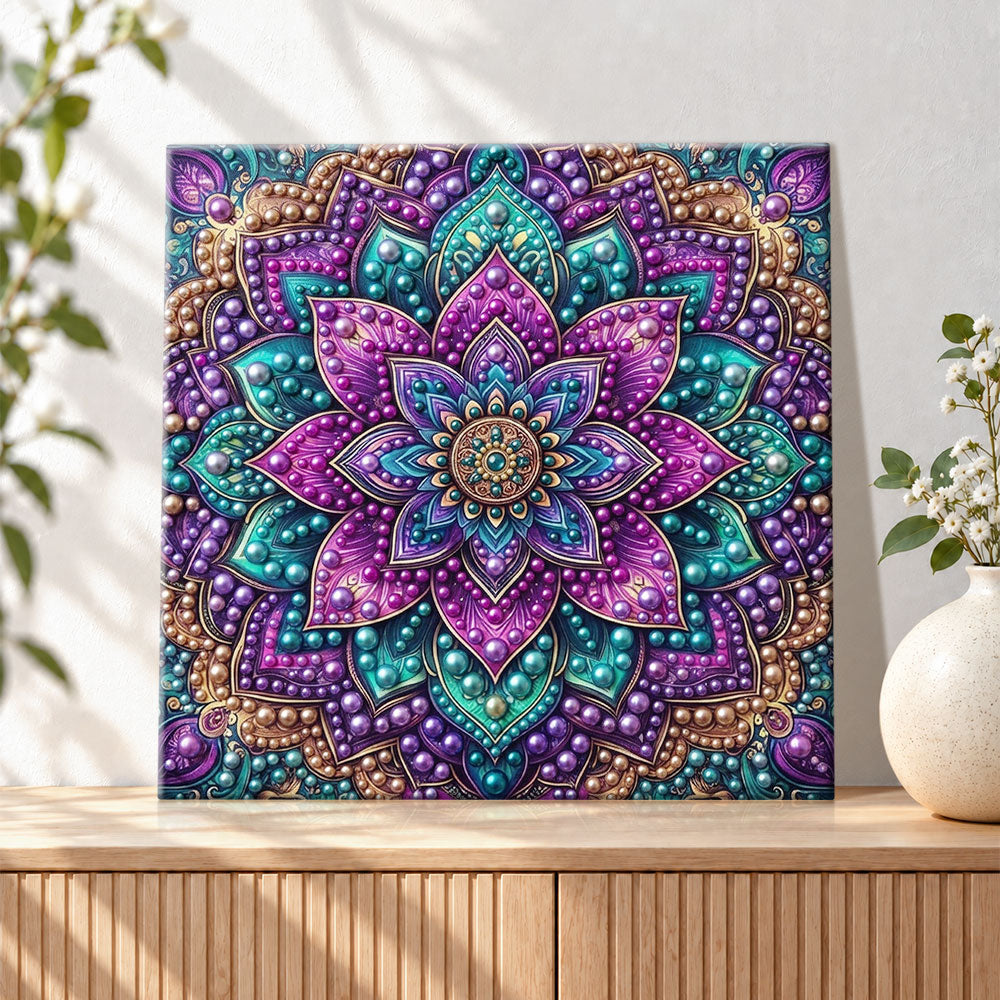 Finished luxurious purple mandala bloom pearl diamond painting artwork displayed as holiday home decor