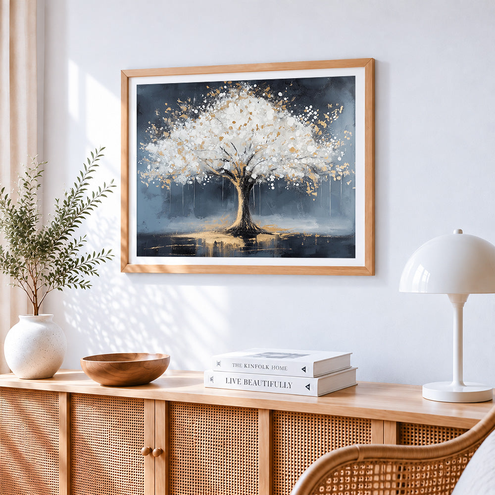 Luxurious white and gold tree cross stitch artwork displayed on wall as home decor