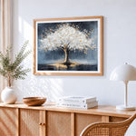 Luxurious white and gold tree cross stitch artwork displayed on wall as home decor