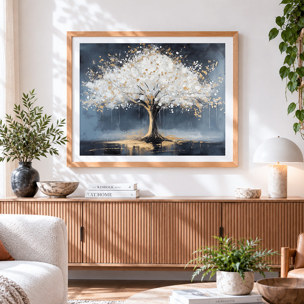 Finished luxurious white and gold tree paint by numbers artwork displayed as home decor