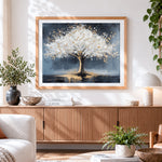 Finished luxurious white and gold tree paint by numbers artwork displayed as home decor